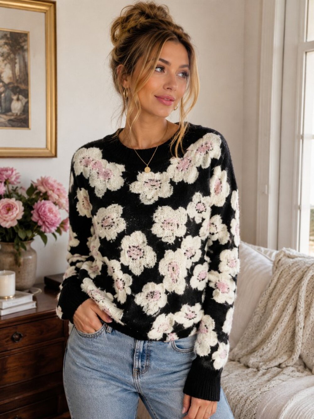 &merci Black Floral Crewneck Sweater - Cream & Pink Accent